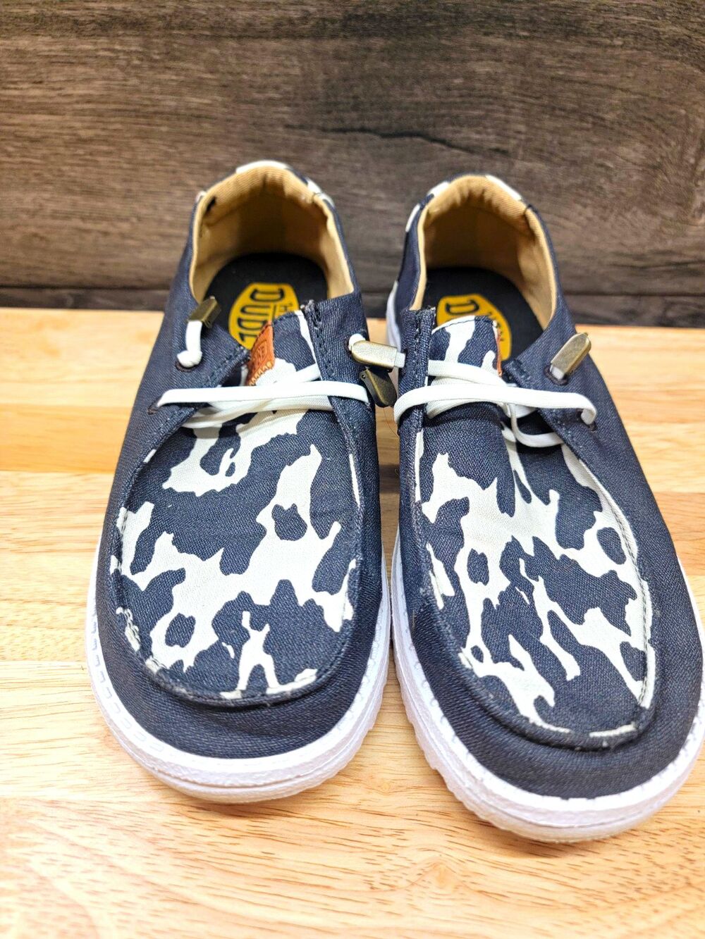 HEYDUDE Wally Funk Cow Print Canvas Sneakers Lace Up Black/White US 8